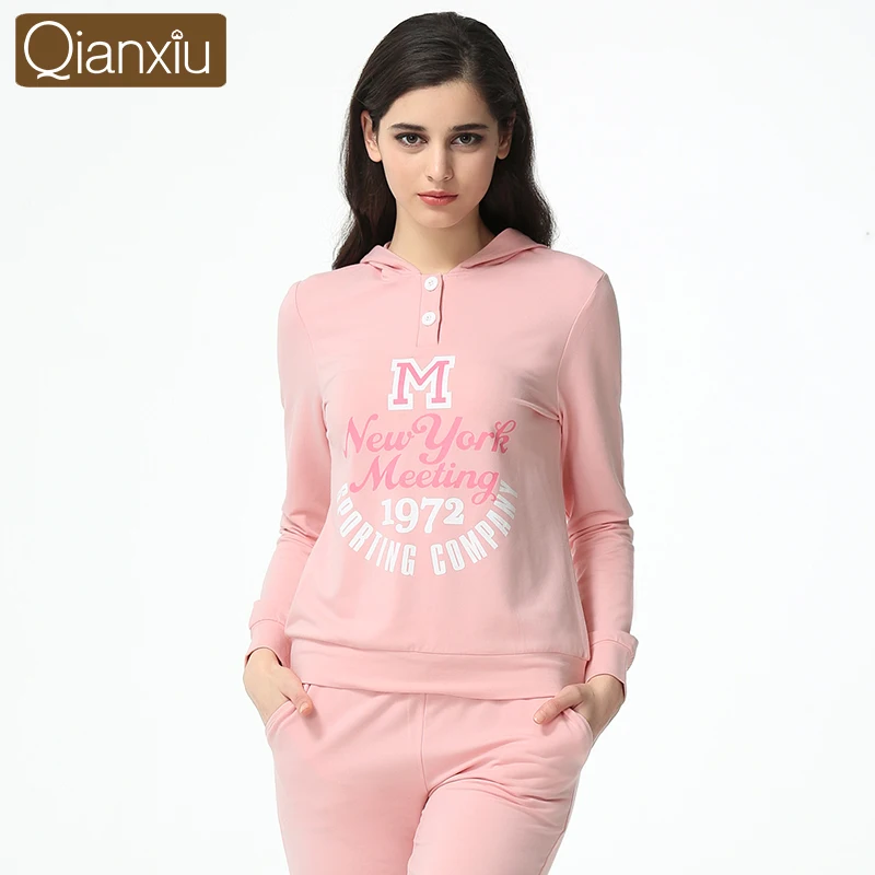 Qianxiu Pijama женщин весной свободного покроя пижамы костюм вязаный модальные хлопок