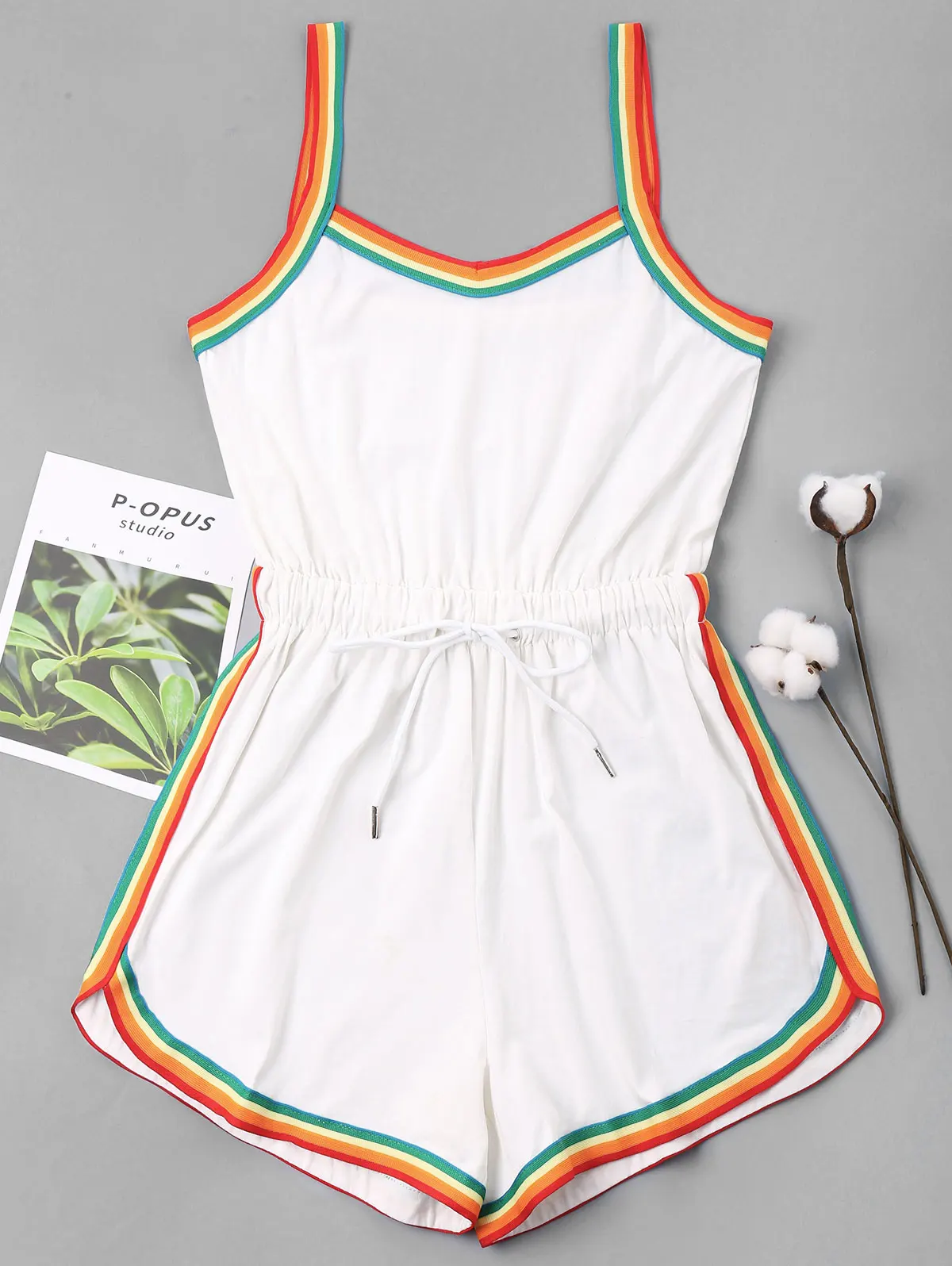 ZAFUL Радужная Отделка Drawstring Ками Romper Без Рукавов Тонкий Ремень Женщины Этнические Костюмы для Игр Уличная Одежда Повседневная Спортивная Одежда