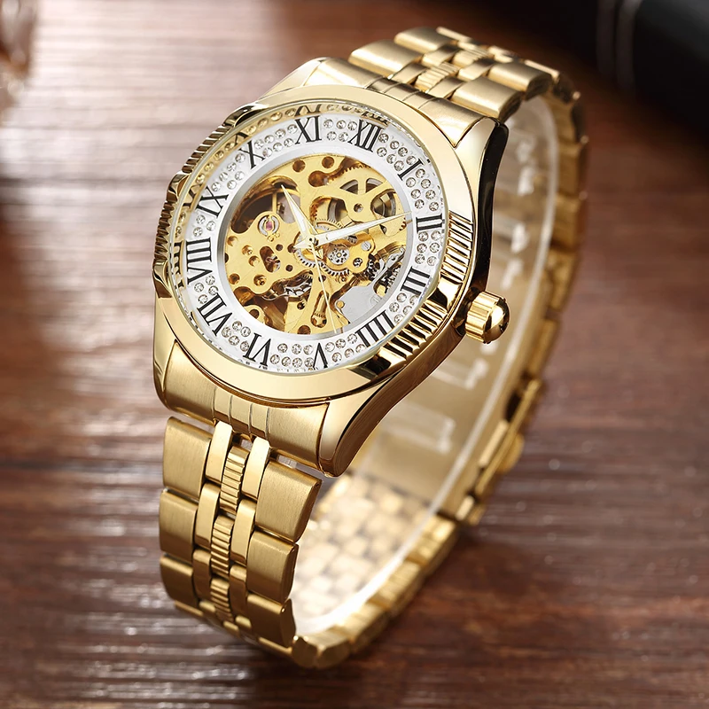 

2020 Man Watch Luxury Golden Stainless Steel Automatic Mechanical Watches Men Waterproof Skeleton Watch Luminous Crystal Watch