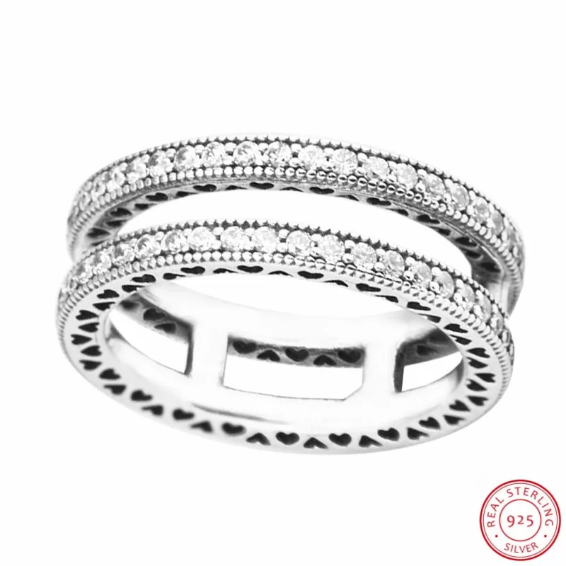 Ручная работа 925 пробы серебряные массивные кольца для женщин Fine Jewelry двойной прозрачный украшенное фианитами линии вырезанные сердца FLR142