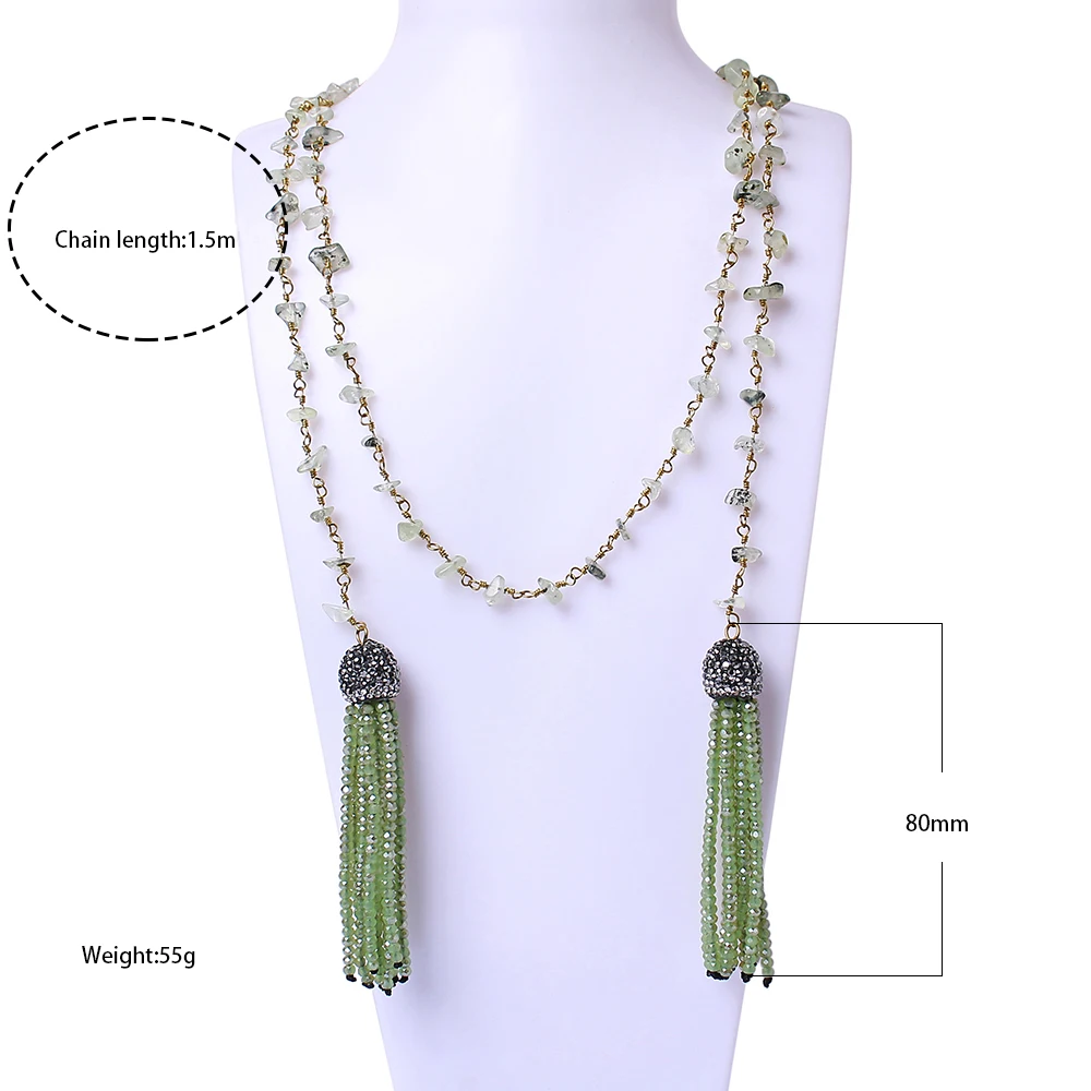 Бледно зеленые богемные Длинные ожерелья длиной 150 см с бусинами из натурального