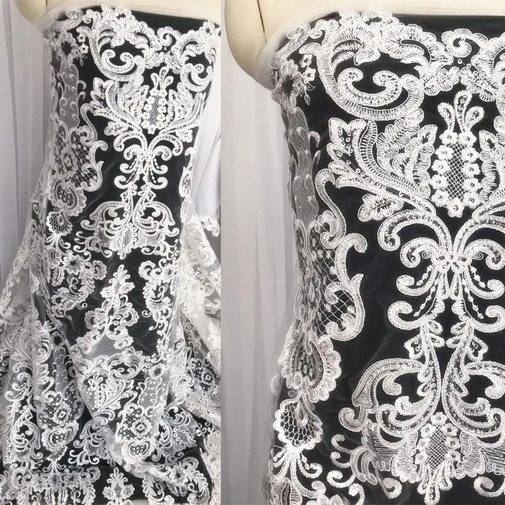 Gold Lace Black and Ivory Color Corded Wedding Lace Fabric with Sequins - 1 Yard/lot Sequins Embroidered Lace Fabric image 4