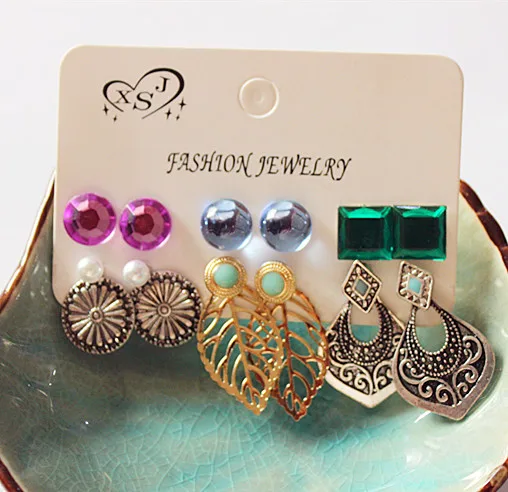 New fashion women jewelry wholesale girl boho earrings beautiful pink/ green mix type 9 pairs / set gifts free shipping | Украшения и