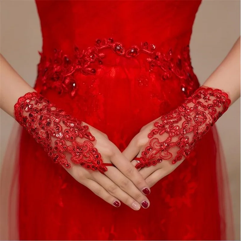 

New Fashionable Bridal Gloves with Appliqued White/Ivory/Red Wedding Accessories Elegant Short Paragraph Mitts Accessories