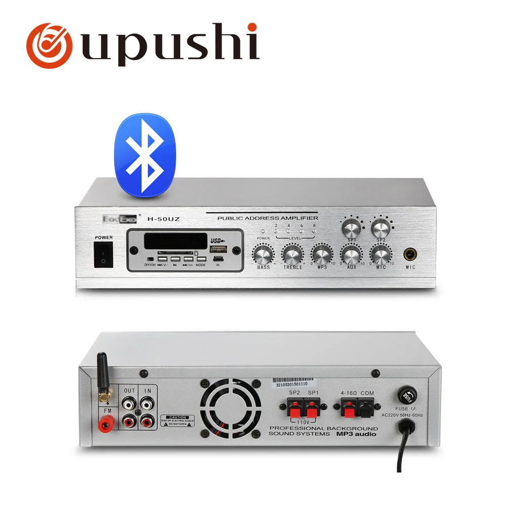 

Усилитель мощности Oupushi H-50UZ, Bluetooth, 50 Вт, 2 зоны, для фоновой музыки, с USB, SD, микрофоном, FM, для помещений