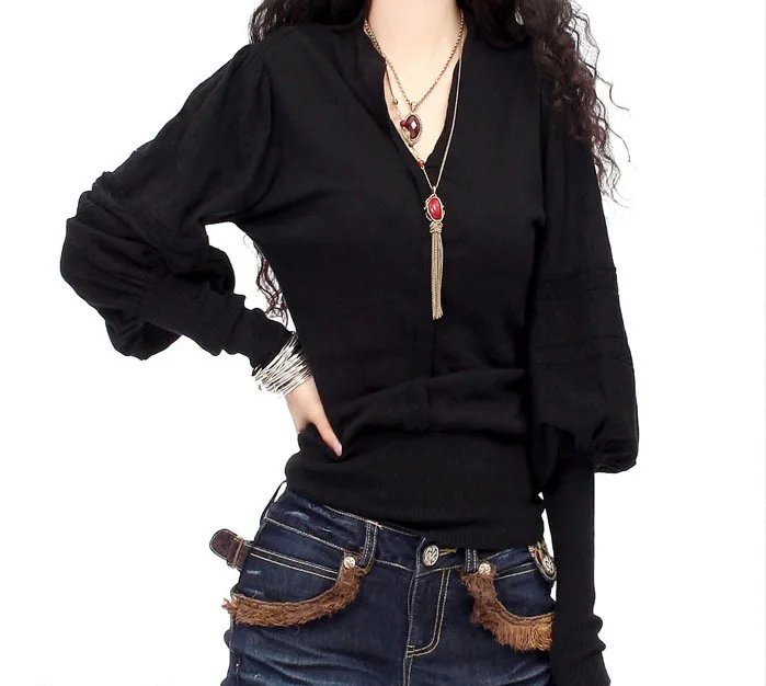 Женский кашемировый свитер с V-образным вырезом и рукавами-фонариками | Женская