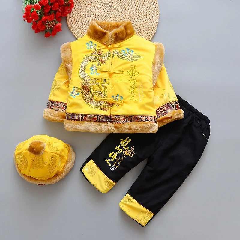 B Yellow Счастливый остров, Новогодняя одежда с драконом для малышей, утолщенная хлопковая Китайская традиционная вышивка, костюм для мальчиков - Цвет: B Yellow