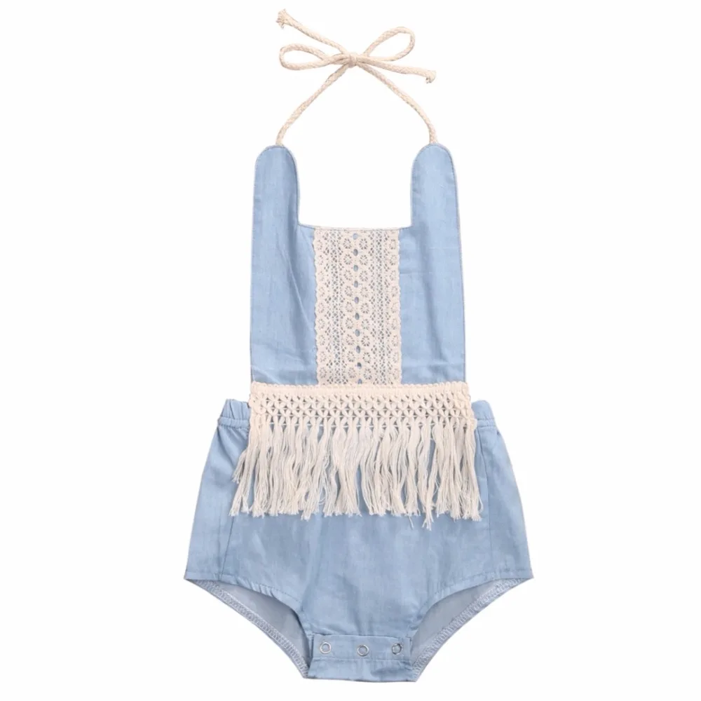 0-3Y Newborn Baby Rompers Lace Denim Tassal Petti Jumpsuits Summer One Piece Sunsuit | Мать и ребенок