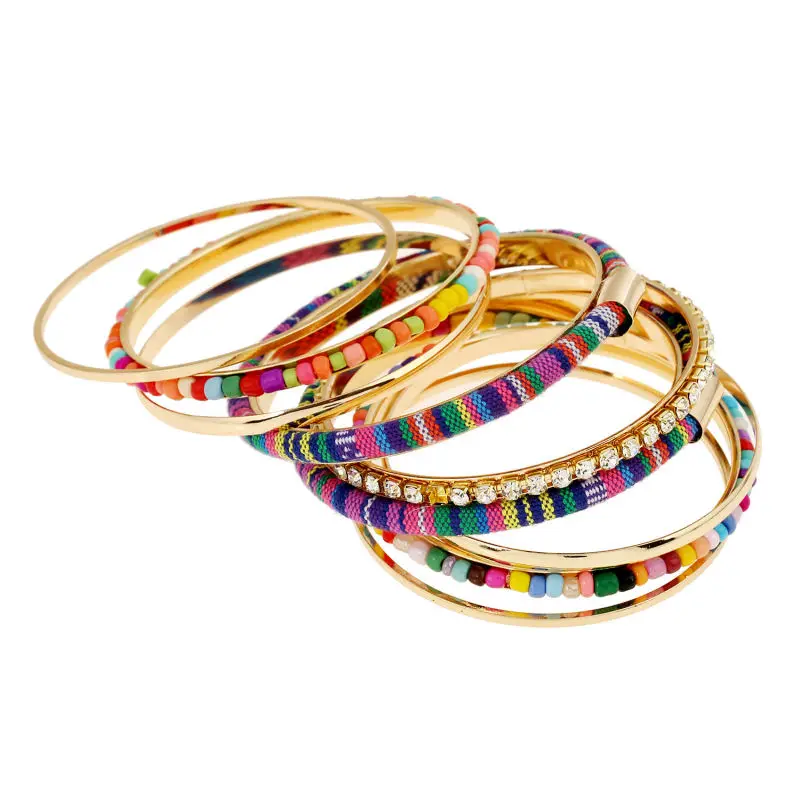 New Bohemia 9 pcs big Statement multilayer bracelet &amp bangle for women handmade Multi color crystal resin Beads Bangles | Украшения и