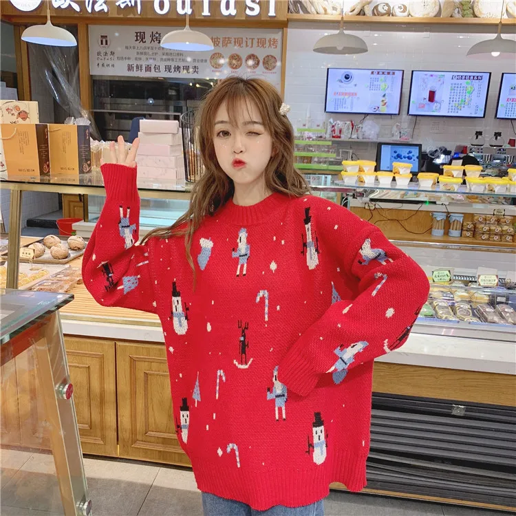 Tree&ampSea Sweet women Christmas sweater Women oversize winter red santa Knitted Sweater snowman Long Sleeve sweet Jumper Top | Женская