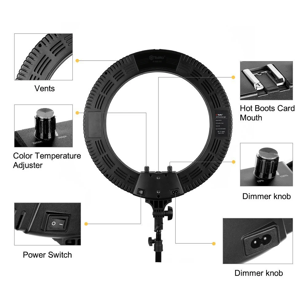 Светодиодный кольцевой светильник Tolifo 18 дюймов R48B переменный ток с подставкой 48