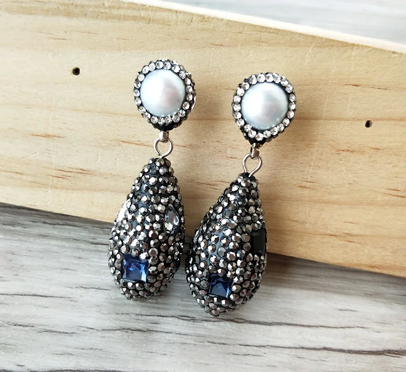 1 Pair Fashion drop shape Natural stone dangle Earrings handmade Pave Rhinestone pearl Charm Jewelry earrings ER762 | Украшения и