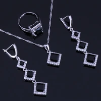 smooth square black cubic zirconia white cz silver plated jewelry sets earrings pendant chain ring v0259