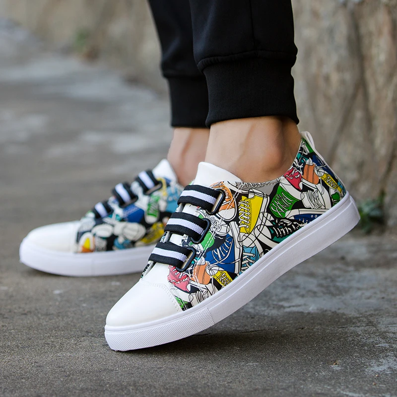 Модная мужская обувь унисекс Вулканизированная с принтом граффити Белые туфли