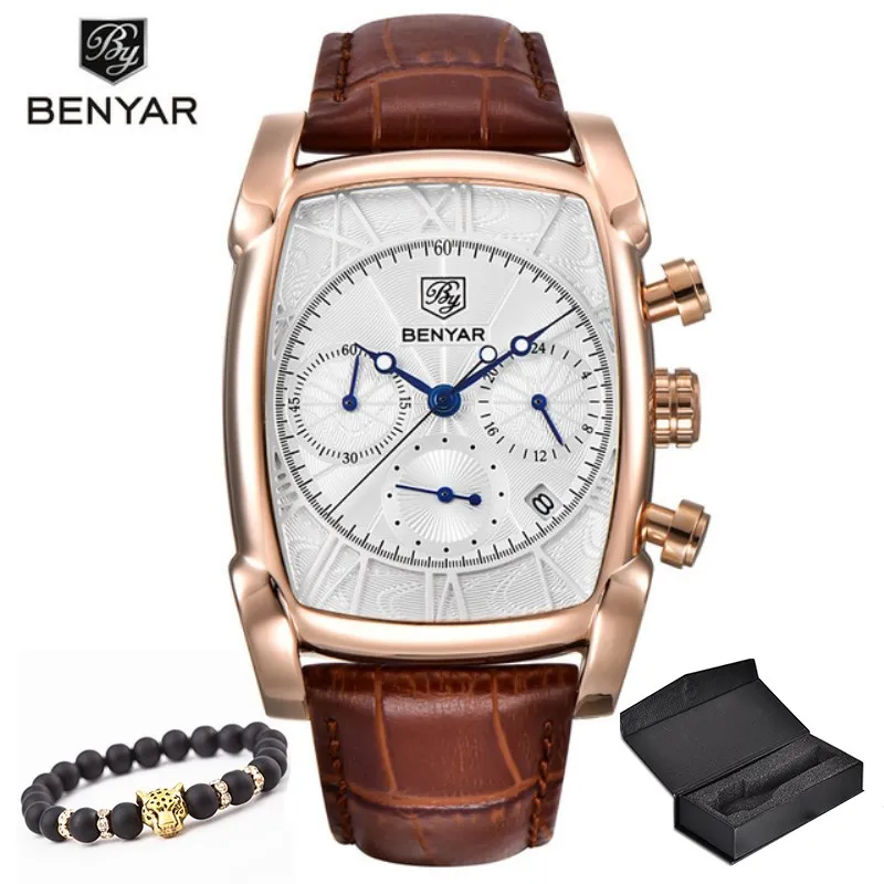 Relogio Masculino мужские часы Топ люксовый бренд BENYAR хронограф кожа кварцевые часы Мужские Военные Спортивные Светящиеся Наручные Часы