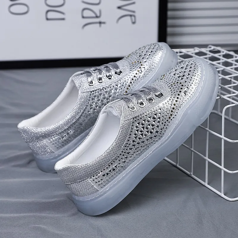 

Женские кроссовки со стразами, плоская платформа, криперы, на шнуровке, теннисная обувь