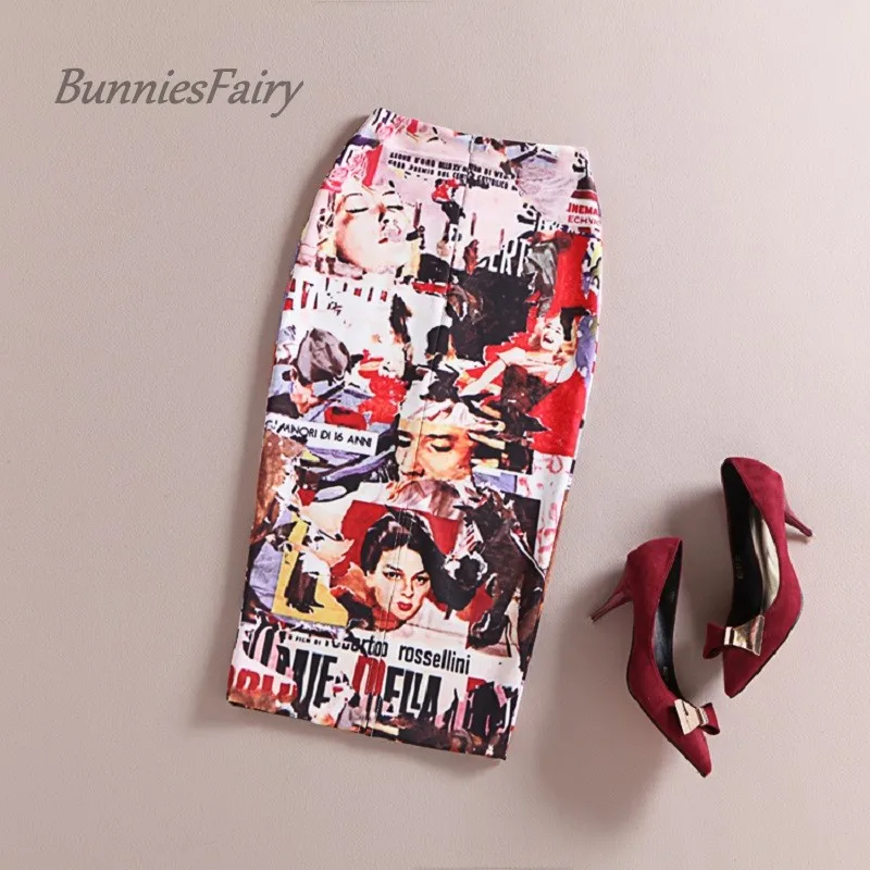 BunniesFairy, винтажная Женская мода, винтажный Рисунок маслом, высокая талия, юбка-карандаш Стретч, длинное облегающее платье, Saias Femininas