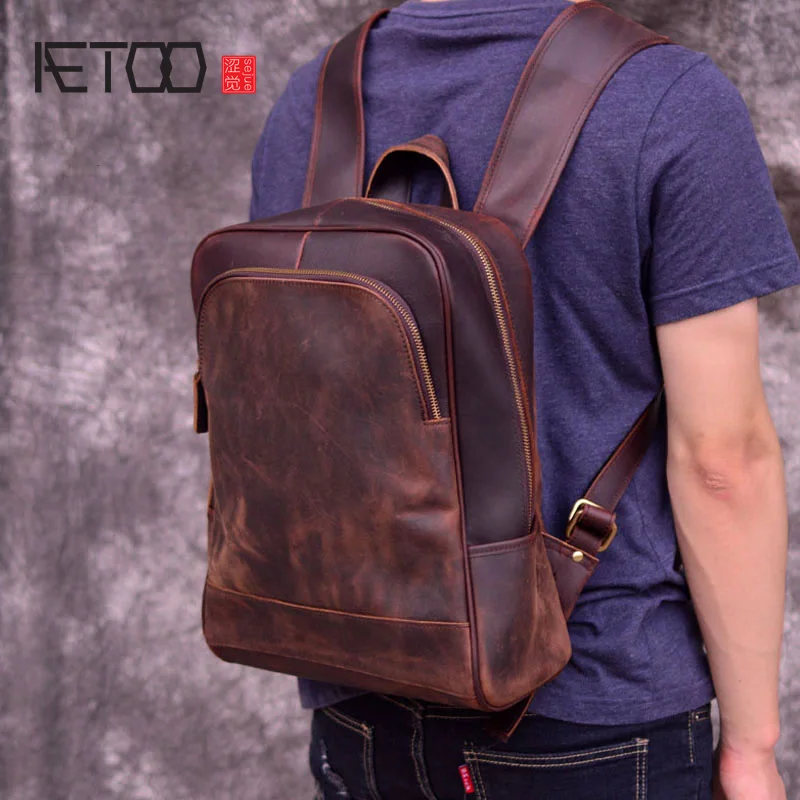 AETOO New leather men's shoulder bag, head-layer cowhide travel backpack, retro mad horse bag, computer bag