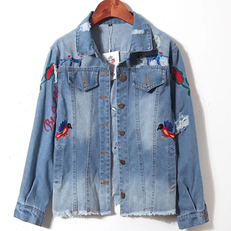 

Floral Embroidery Jacket Coat Long Denim Jacket Women Plus Size