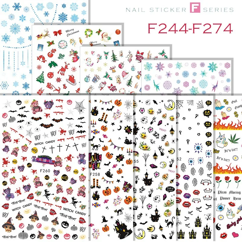 F244-F274 наклейки для ногтей Хэллоуин тыква летучая мышь Медведь Рождественская елка снежинка цветок наклейки для художественное оформление ногтей