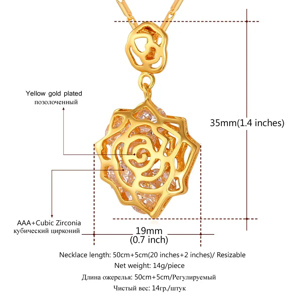 U7 Женский Роза Цветок Подвеска С Камнями Ювелирные Изделия Золотой/Серебряный