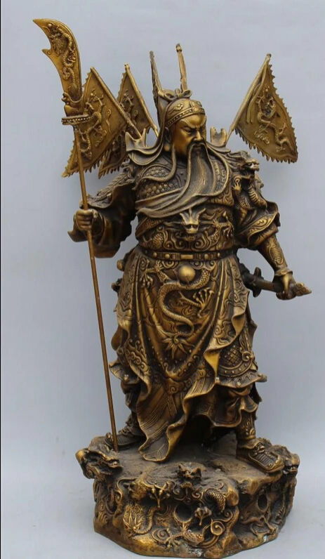 

xd 001492 22" Chinese Bronze 9 Dragons GuanGong Guan Gong Yu Hold Sword Knife Statue