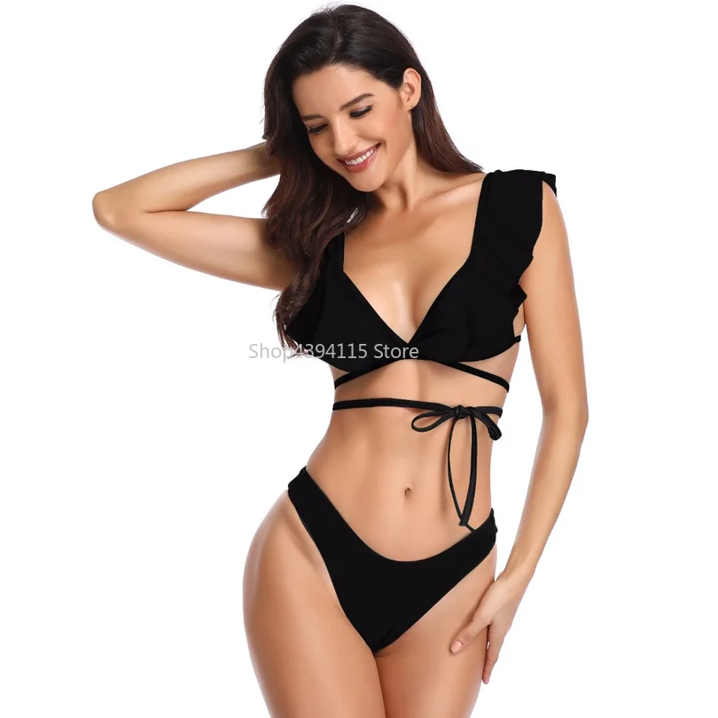 Мини бикини 2019 сексуальный купальник с рюшами Однотонный женский купальный