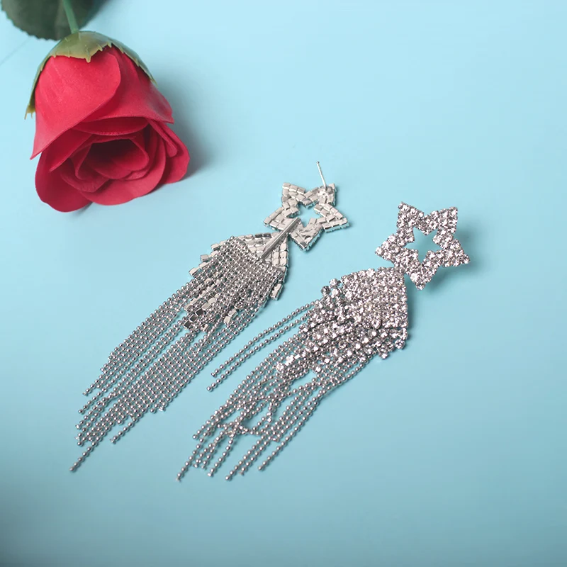 Женские коктейльные серьги Ajojewel длинные кисточки 10 см стразы со звездами