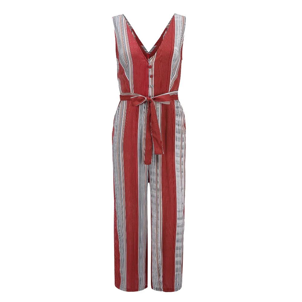 Women's Sexy Red Striped Sling Jumpsuits V neck Casual Playsuits Summer Lady Party Sleeveless Backless Beach Club Lacing Bow | Женская