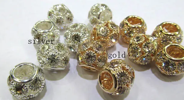 

Large hole --CZ pave bling round spacer bead Round Silver gold crystal Finding 24pcs 8x12mm