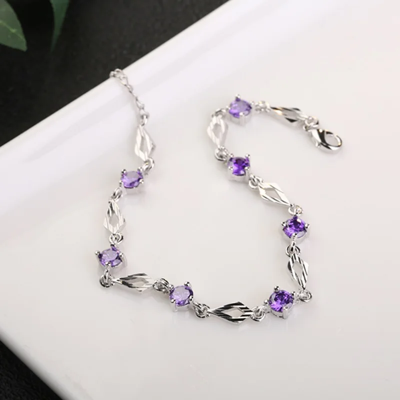 OMHXZJ Wholesale Personality Fashion OL Woman Gift Silver Geometric White Purple Zircon Chain 925 Sterling Bracelet BR48 | Украшения и