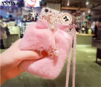luxury diamond pearl bowknot tassel warm soft fur rabbit fur hair case for huawei p9 p10 p20 p30 lite plus mate 10 20 lite pro
