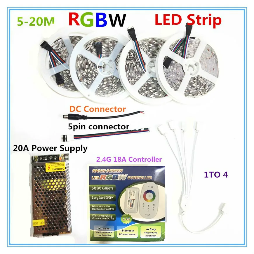 

DC 12V RGBW /WWLED Strip 5050 ip65 Waterproof Flexible Led Light + 2.4G RF Remote Controller + Power adapter Kit 20M 15M 10M 5M