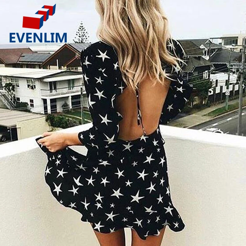Evenlim выдалбливают Boho Летнее платье женщина новая Кружево до спинки рюшами