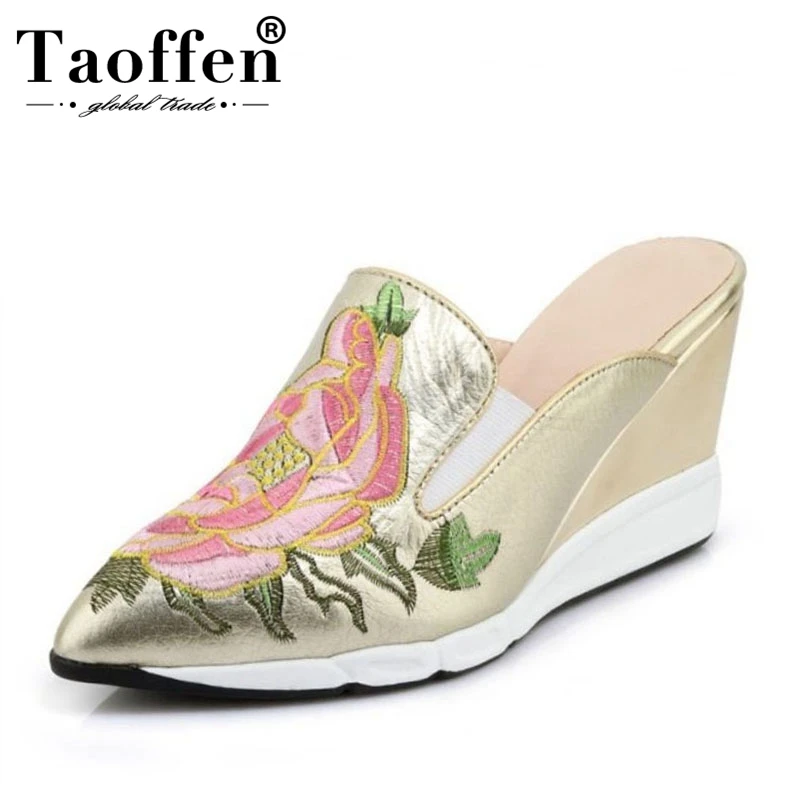 TAOFFEN/женские босоножки из натуральной кожи на высокой танкетке с цветочной