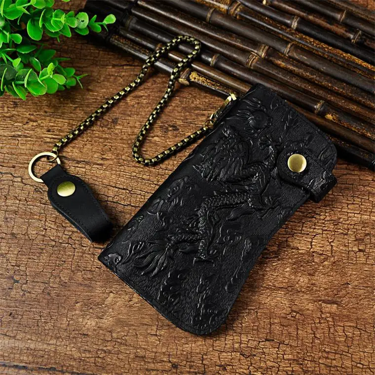 black dragon Кошелек для мужчин, натуральная кожа, дракон, Воловья кожа, сумка для карт, кошелек, сумка на цепочке, мужская сумка - Цвет: black dragon