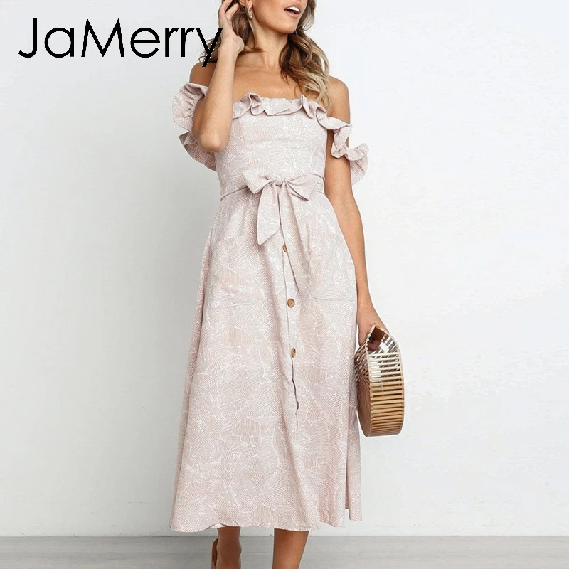 JaMerry винтажное бохо сексуальное с оборками открытыми плечами женское миди платье