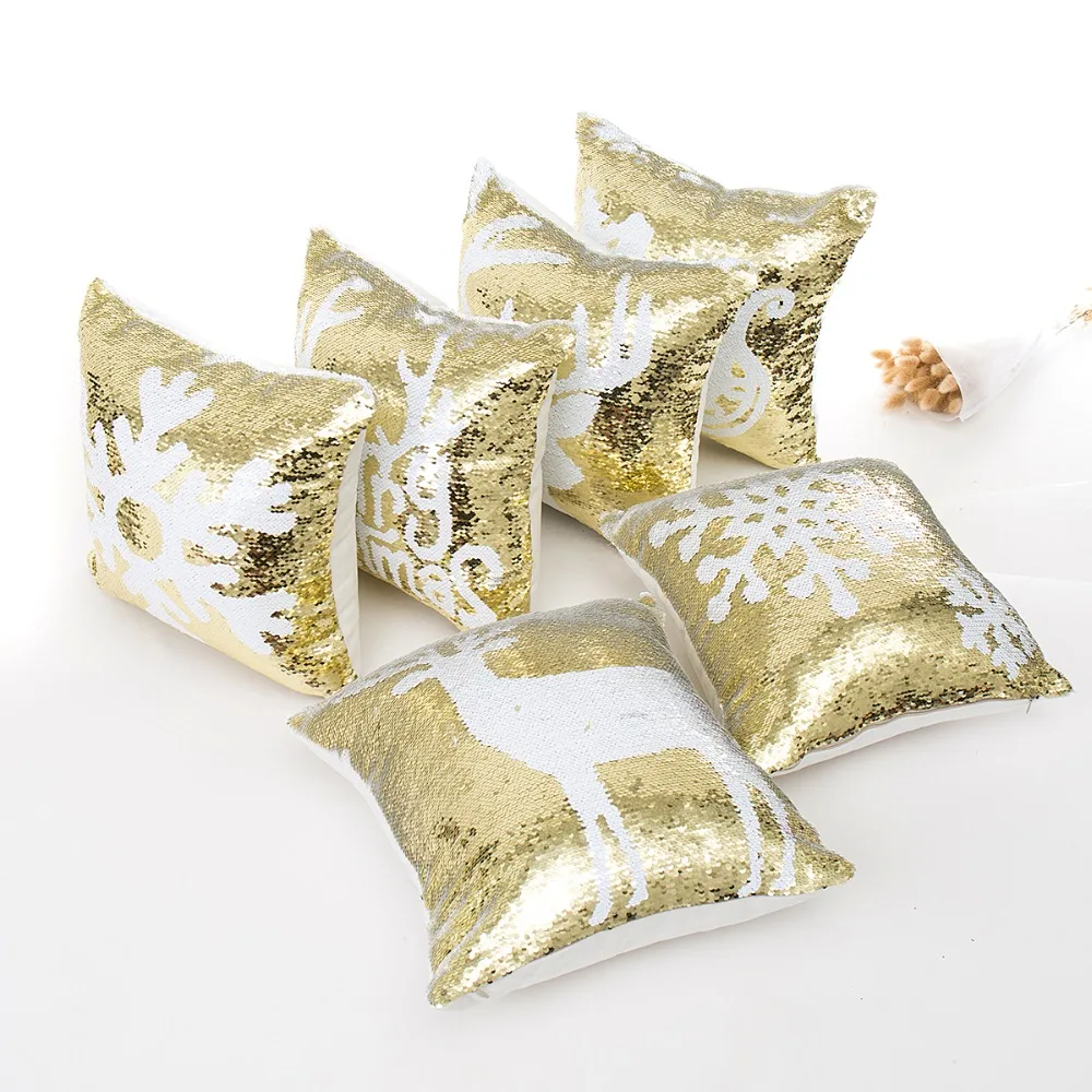 

16x16 inch Golden Pillow Cover Mermaid Snowflake Deer Sequin Christmas Decorative Cushion Cover For Sofa Bed 40x40cm Zip Open