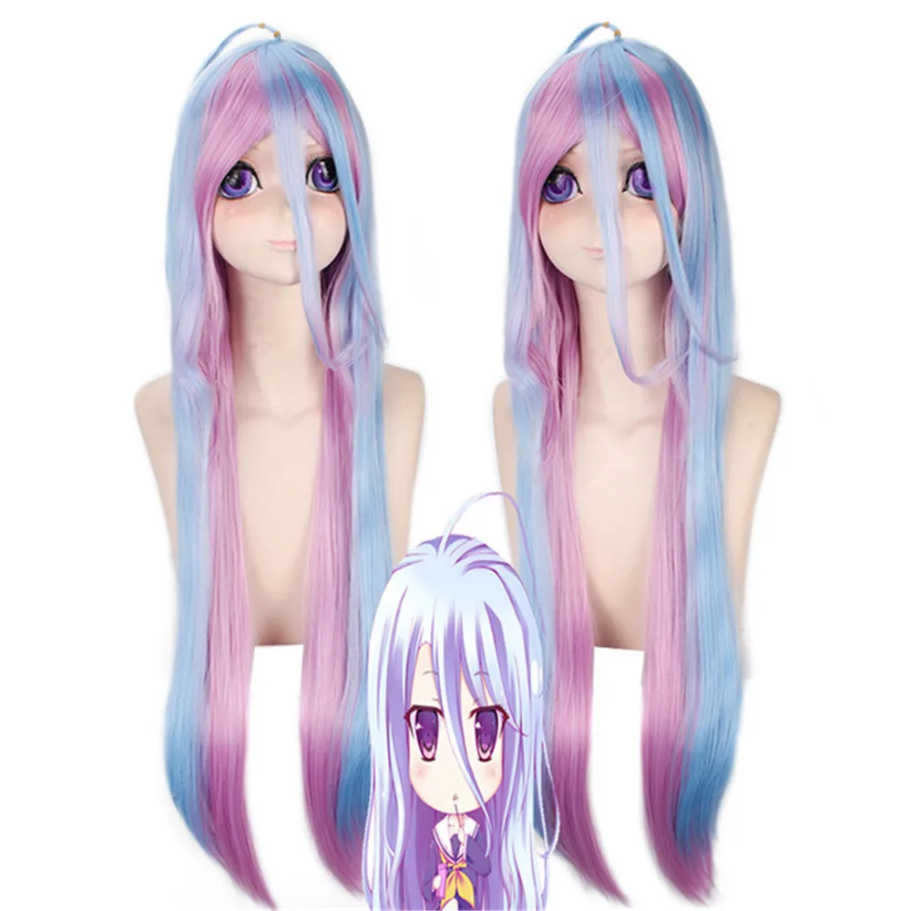 

No Game No Life Shiro Natural 100cm Long Straight 2 Tones Blue Purple Mix Synthetic Cosplay Wig Hair For Halloween Party