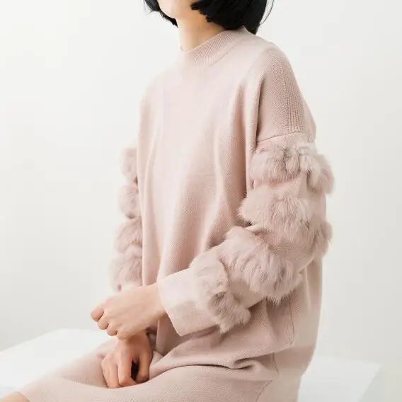 Осеннее платье свитер из натурального меха кролика с длинными рукавами