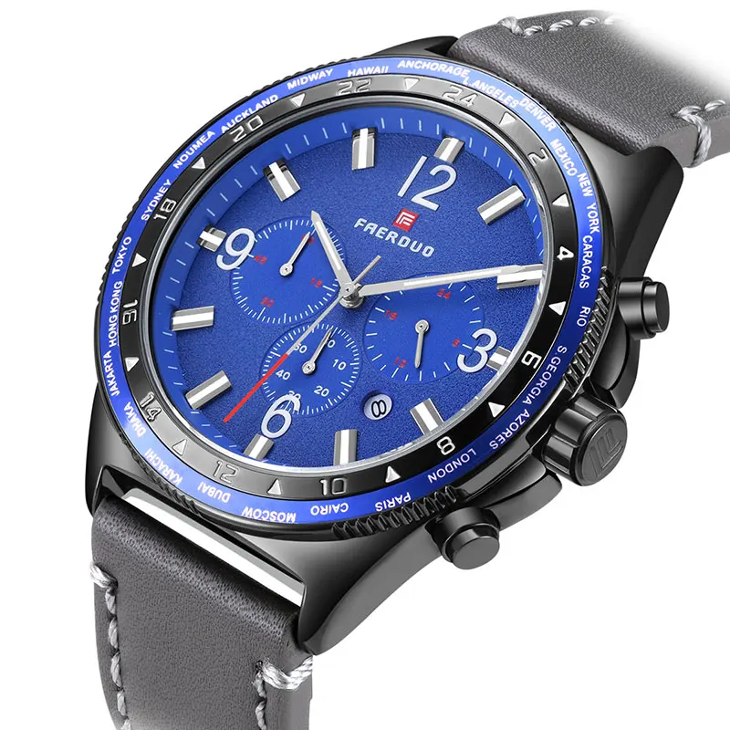 New Blue Casual Leather Fashion Quartz Gray Watch Mens Watches Top Brand Luxury Waterproof Clock Relogio Masculino
