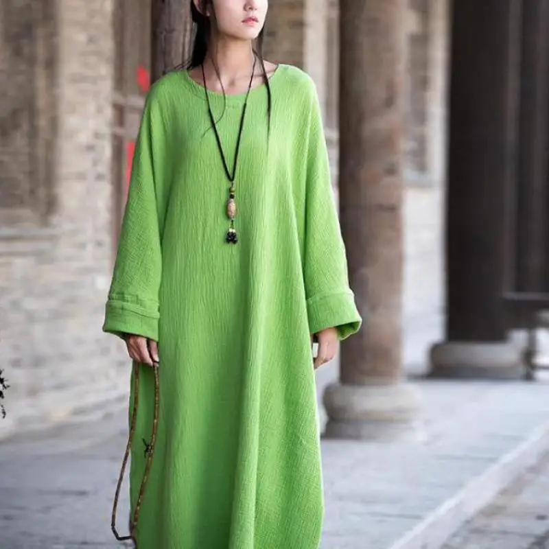 Женское Двухслойное длинное платье однотонное из хлопка и льна в оригинальном