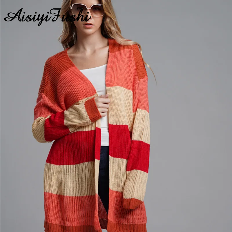 Winter Women Long Sleeve Cardigan Striped Female Knitted Cardigans Rainbow Warm Women'S Femme Manche Longue 2020 |