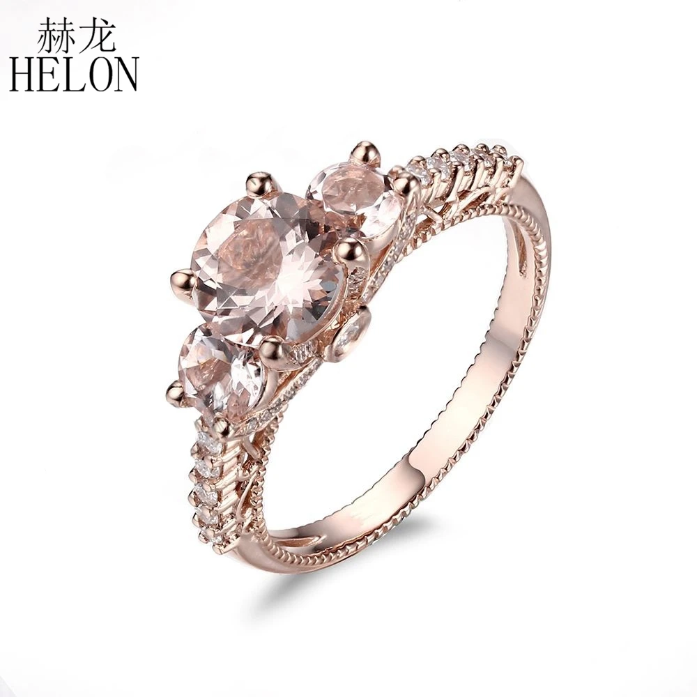 HELON Solid 14k розовое золото 6 мм круглая огранка морганит VS полная огранка натуральный бриллиант обручальное Обручальное женское Ювелирное кольцо с драгоценными камнями