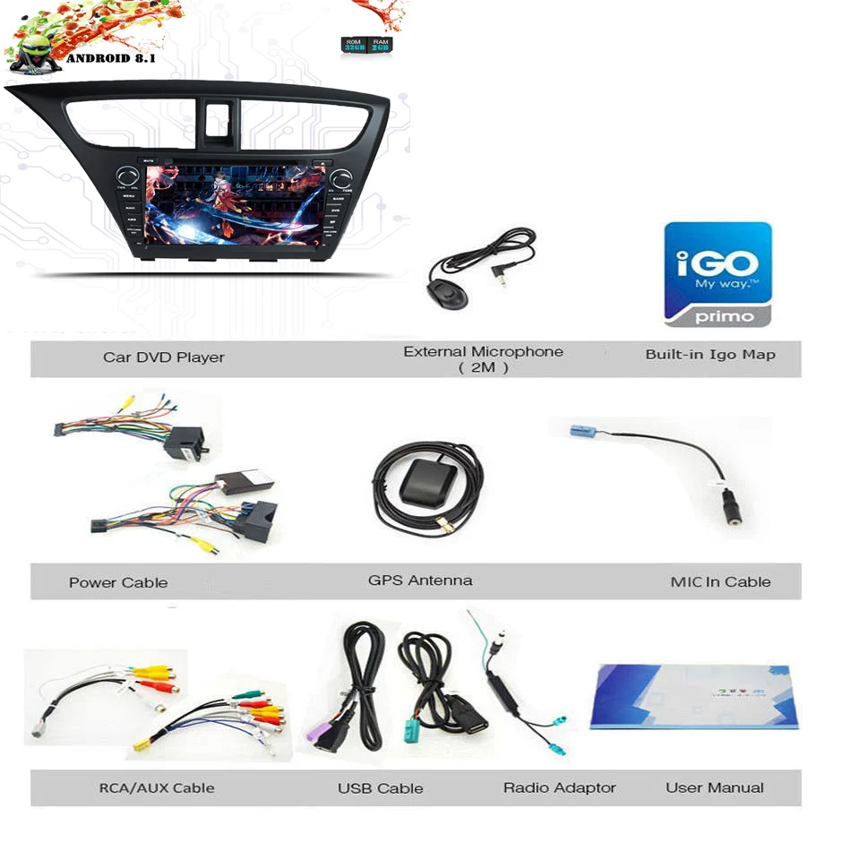 " HD 1024*600 Восьмиядерный Android 8,1 Автомобильный DVD Радио gps навигационный плеер для Honda Civic хэтчбек 2013 DVR головное устройство