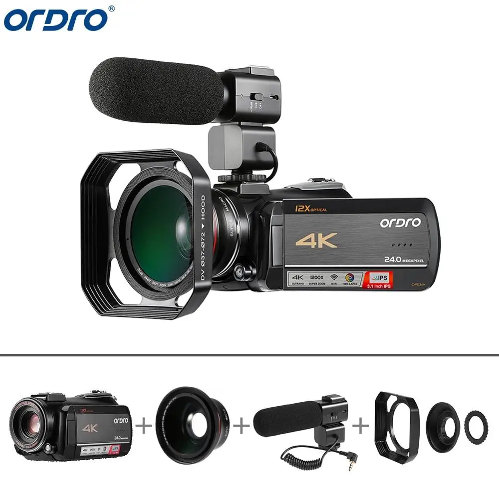 Красный Ordro AC5 4K 12X оптический зум 24MP WiFi ips сенсорный экран цифровая камера+ бленда+ широкоугольный объектив+ микрофон+ светодиодный светильник+ ручной - Цвет: Красный