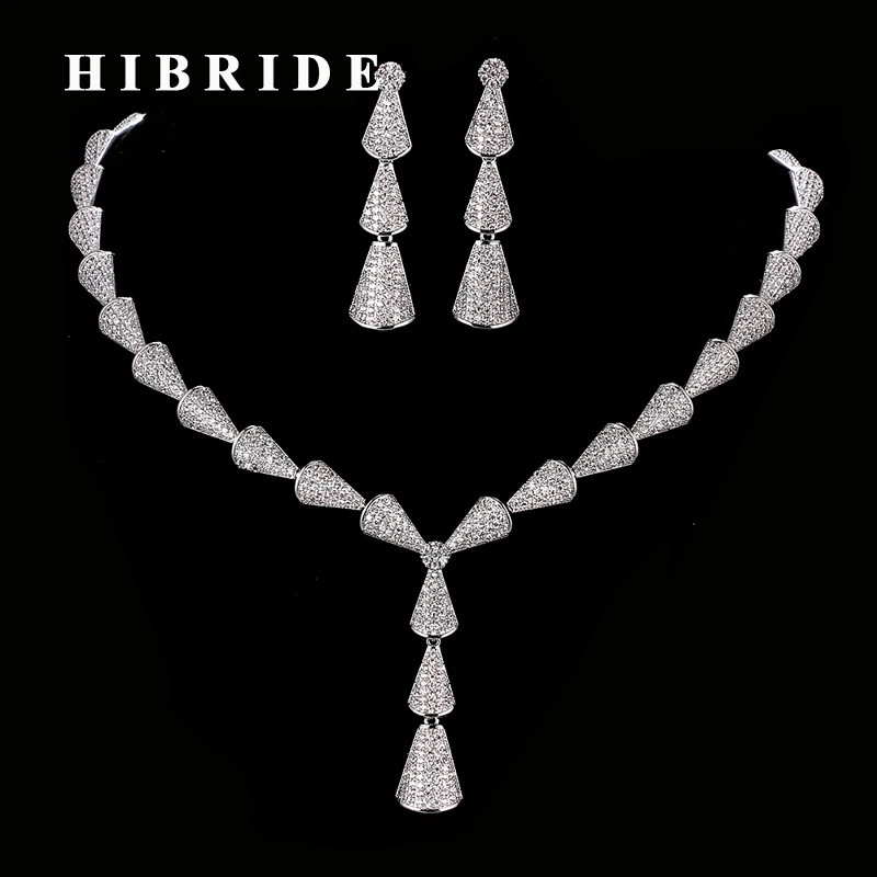 

HIBRIDE Romantic Micro CZ Stone Pave Women Wedding Jewelry Sets Trendy Women Necklace Earrings For Party Gifts N-187