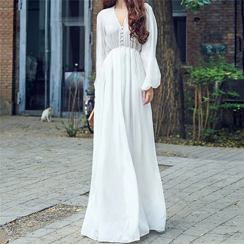 Женское шифоновое платье макси повседневное однотонное белое пляжное с v