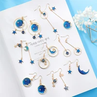 2018 new creative blue universe asymmetric earrings for girl ear accessories cute moon star drop pendientes tassel brincos