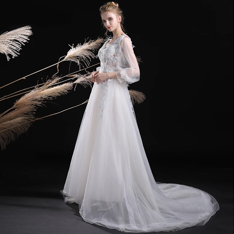 He's Bride White Elegant Evening Dresses V-neck Court Train Floor-Length Appliques Lace Illusion Prom Party Gown Robe De Soiree | Свадьбы